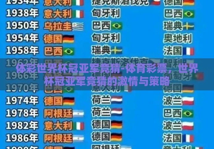体彩世界杯冠亚军竞猜-体育彩票,世界杯冠亚军竞猜的激情与策略 体彩世界杯冠亚军竞猜-体育彩票,世界杯冠亚军竞猜的激情与策略